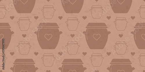 Seamless pattern with korean earthenware pots, clay onggi for traditional food. Vintage background with antique ceramic utensil from Korea. Vector illustration with paper texture