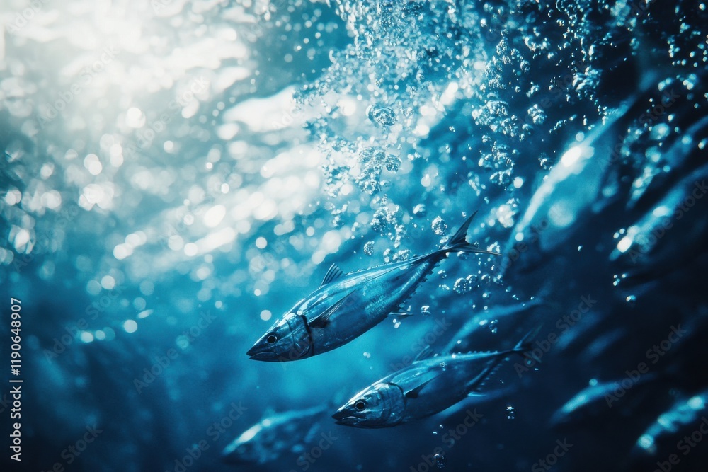 Fototapeta premium Tight closeup of tuna school in serene blue water