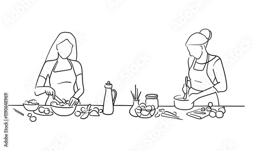 Two girls cooks at the same table
continuous line art drawing isolated on white background. Housewife preparing food. Vector illustration