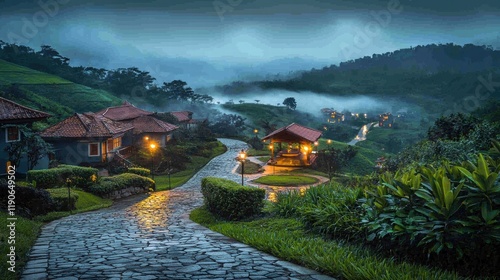 Serene mountain village with colorful houses and lanternlit gazebo photo