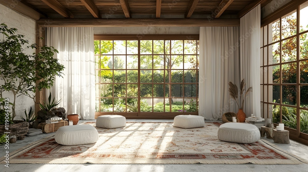 Fototapeta premium Serene sunlit meditation room with floor cushions, plants, and large windows overlooking a garden. Perfect for mindfulness, yoga, or relaxation.