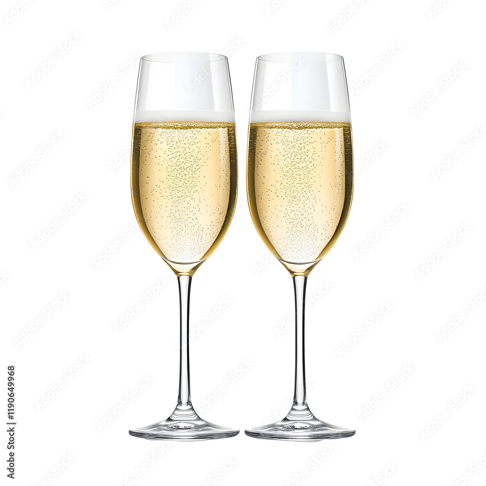Two Elegant Champagne Flutes with Sparkling Bubbly Drink on Reflective White Background for or Special Event Two Elegant Champagne Flutes with Sparkling Bubbly Drink on Reflective White Background for or Special Event
