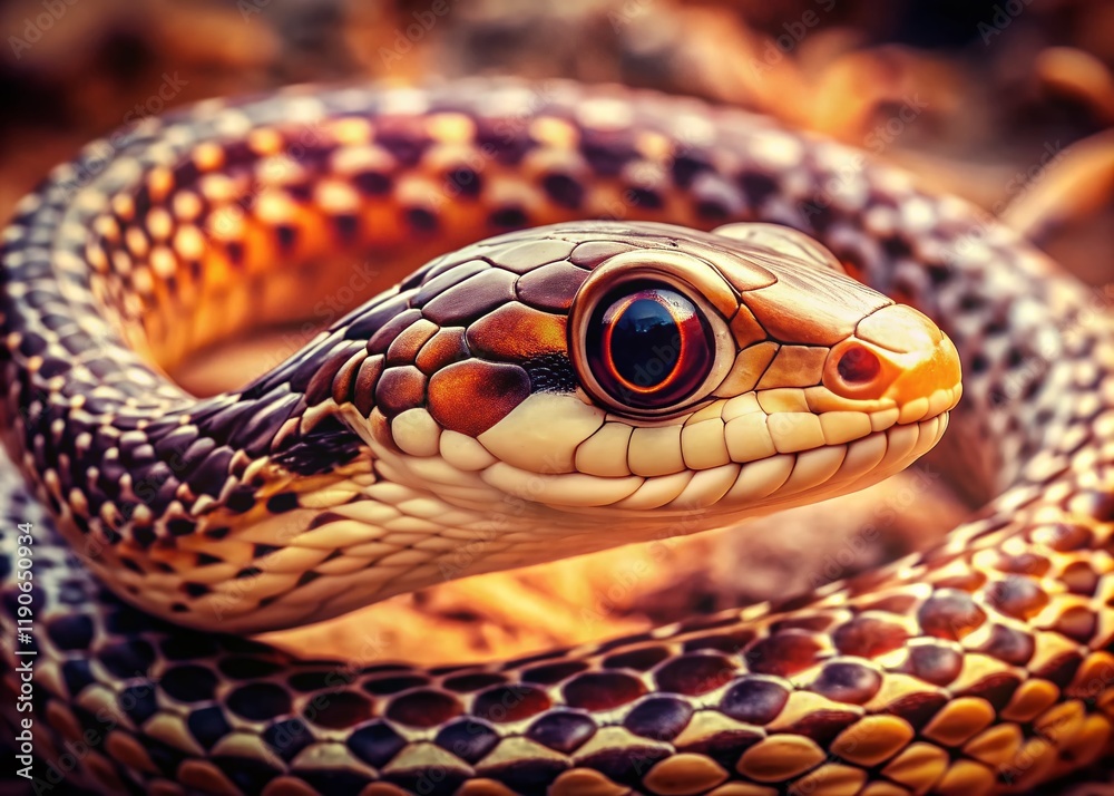 Obraz premium Close-up of Spotted Skaapsteker Snake, South African Venomous Reptile, Vintage Photography