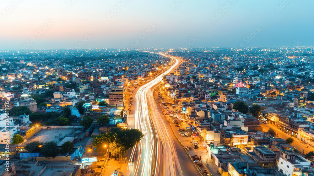 Fototapeta premium Aerial view of a vibrant cityscape with illuminated roads during sunset