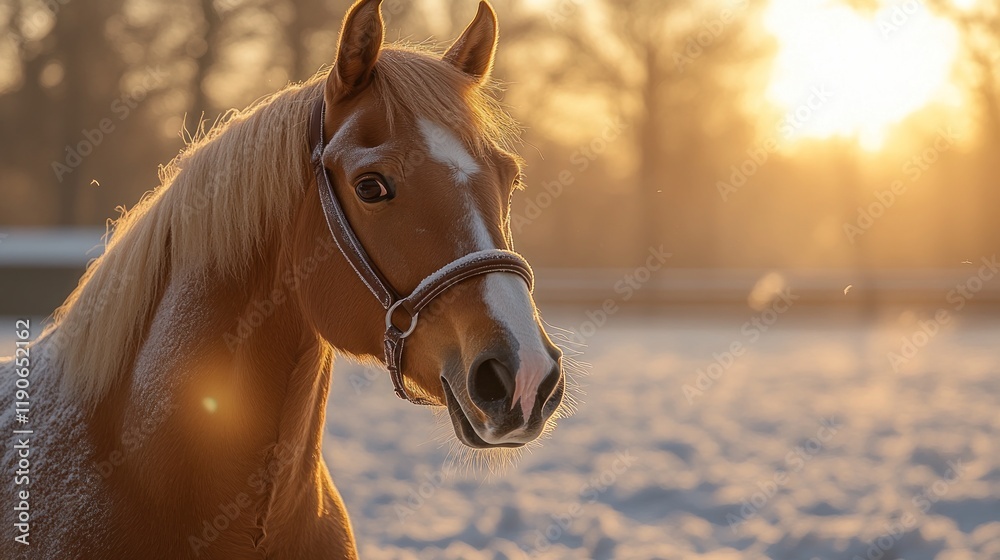 Obraz premium Golden Hour Equine Elegance in a Snowy Field at Sunset