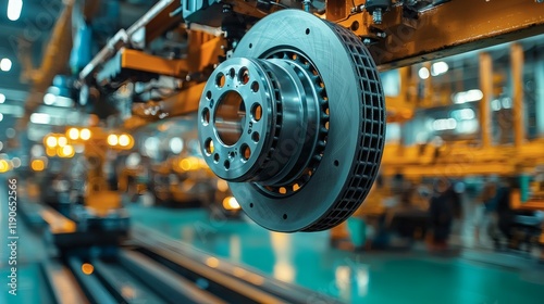 Automotive components such as brake discs and calipers highlighted in a manufacturing plant with industrial lighting Stock Photo with side copy space photo