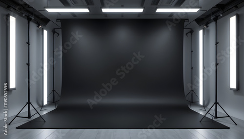 Dark studio setup with lighting equipment photo