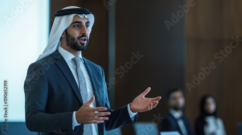 A Middle Eastern man in formal attire giving a presentation at a conference, showcasing expertise and engaging with an audience in a professional setting. photo