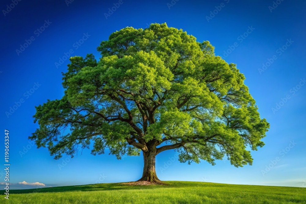 Obraz premium Majestic Oak Tree Against Vibrant Blue Sky - High Resolution Stock Photo