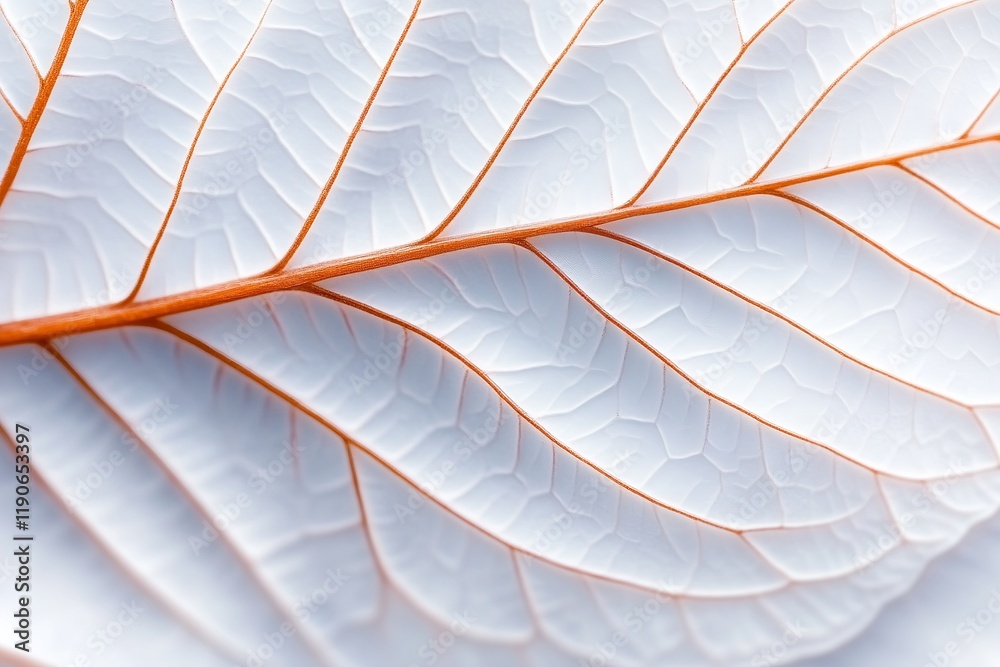 Obraz premium A close-up view of a white leaf with subtle textures and intricate vein patterns. The contrasting orange veins create an elegant visual against a light background