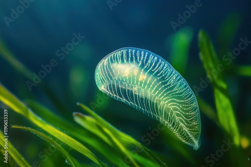 Bioluminescent comb jelly in dreamy underwater setting with soft lighting photo