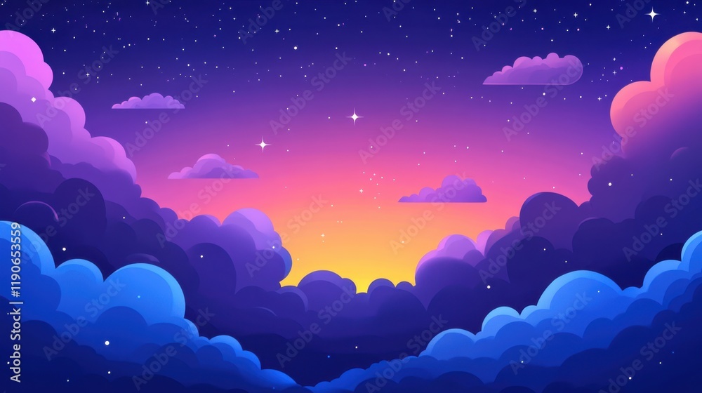 Fototapeta premium Vibrant Sunset Sky with Colorful Clouds and Twinkling Stars
