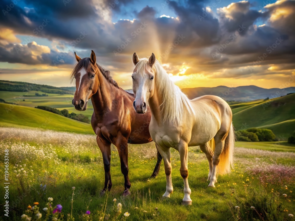 Obraz premium Majestic Pair: Two Horses in a Serene Meadow Landscape