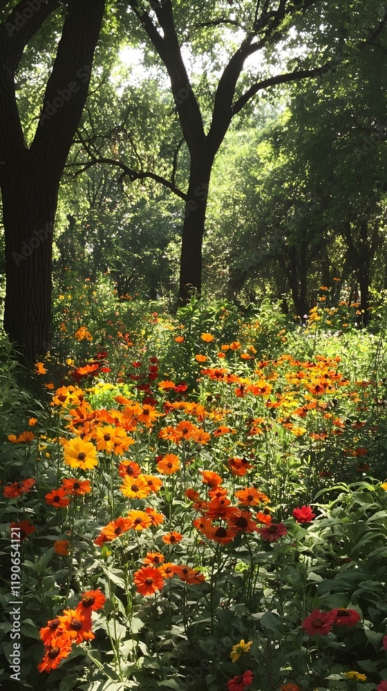 Naklejka premium Sunlit garden with vibrant orange and red flowers blooming under leafy trees.