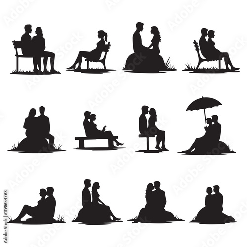Couples sitting and cuddling Silhouette of a couple sitting nearby People sitting on stools and tall chairs Business team couple Valentine's Day