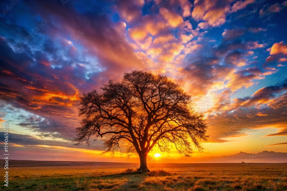 Majestic Silhouette of a Lone Tree at Sunset, Dramatic Sky Majestic Silhouette of a Lone Tree at Sunset, Dramatic Sky