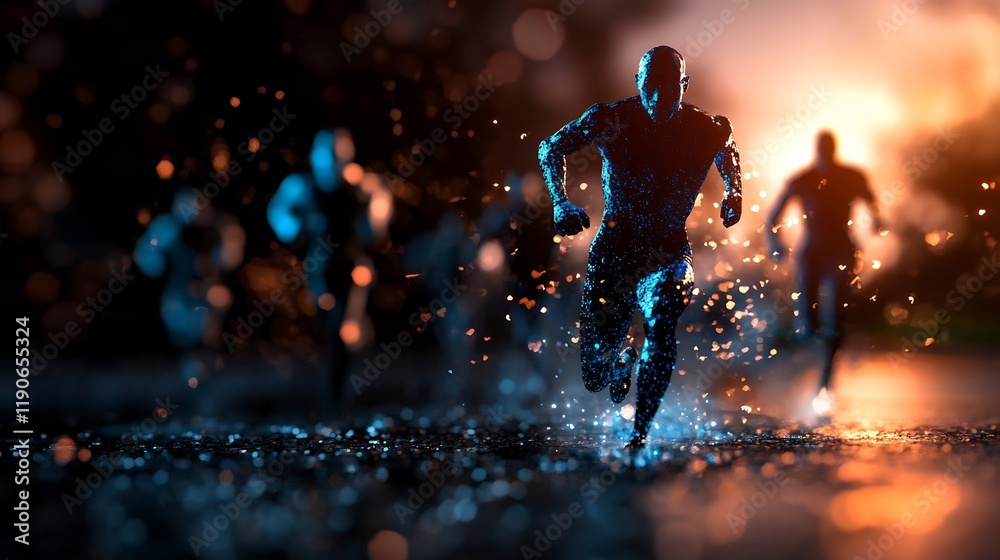 Fototapeta premium Futuristic Runner in a Glowing Digital Race