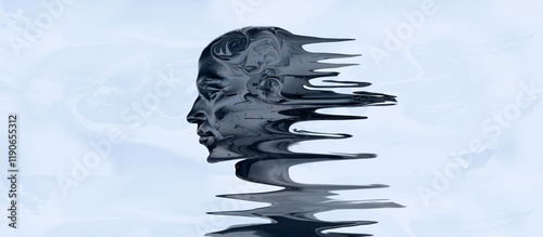 Distorted Human Head Profile. Abstract concept art. This abstract artwork explores themes of identity, psychological fragmentation, and digital overload. Ideal for use in psychological topics.
