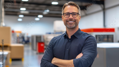 Smiling middle-aged man in glasses standing in warehouse with many boxes
