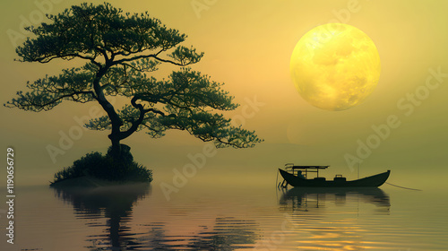 A boat gently floats on a calm lake, accompanied by the graceful silhouette of an acacia tree, creating a serene and picturesque natural scene