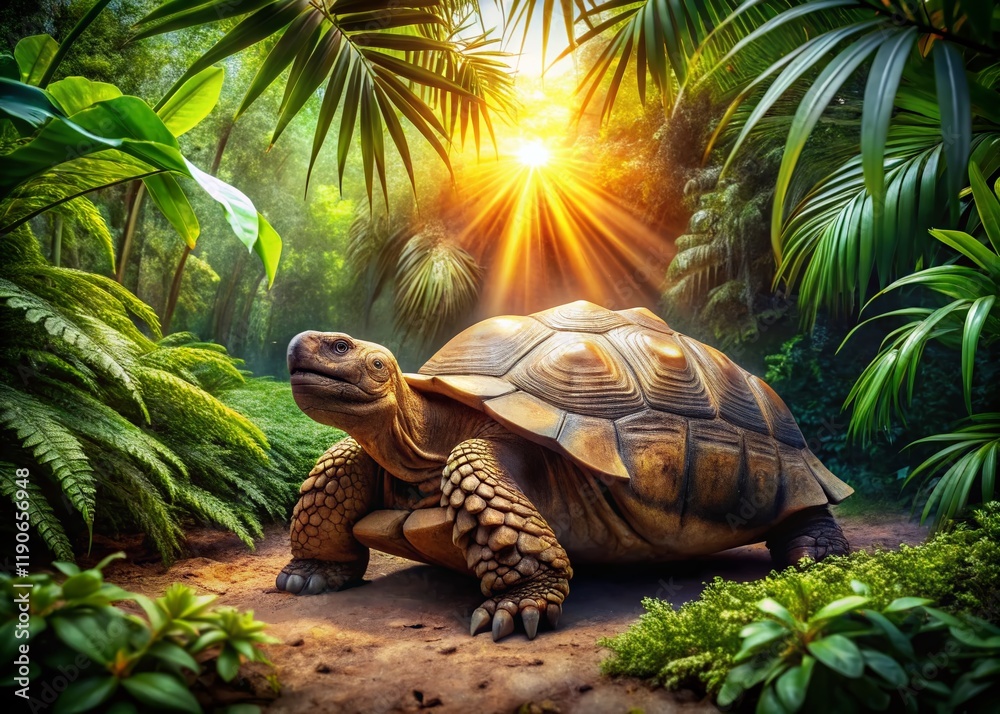 Naklejka premium Majestic Tortoise in Lush Jungle - Ancient Reptile Shell Detail