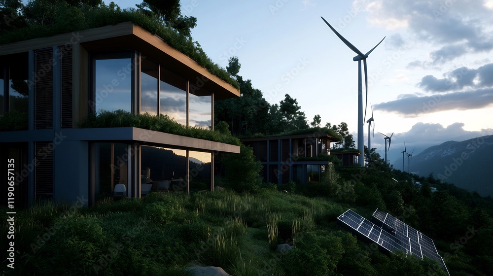 custom made wallpaper toronto digitalEco-Friendly Houses on a Hillside with Wind Turbines and Solar Panels