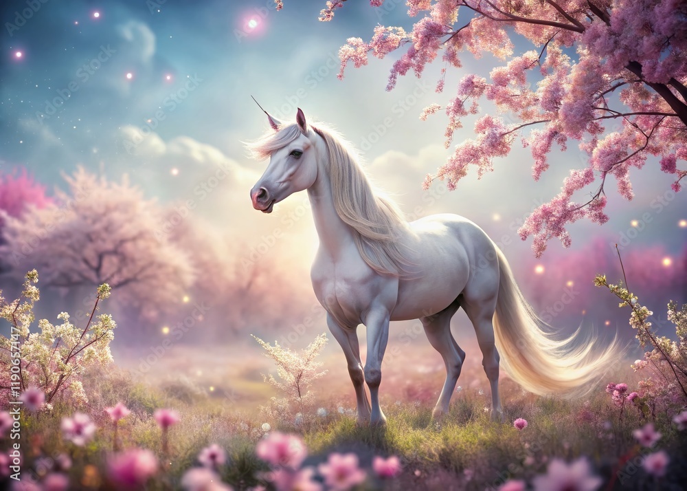 Fototapeta premium Majestic Unicorn in Pink Blossom Dreamland - Fantasy Surreal Stock Photo