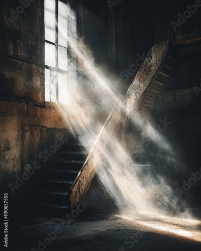 A serene image of a factory stairwell covered in dust and illuminated by shafts of sunlight
