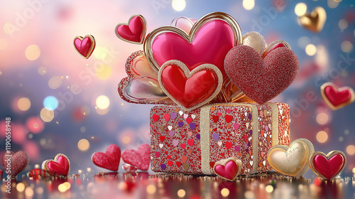 Gem Encrusted Heart in a Gift Box. Valentines Day card. photo