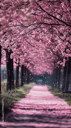 Cherry Blossom Pathway with Pink Trees in Full Bloom, Creating a Serene and Picturesque Scenic Avenue in Springtime Tranquility