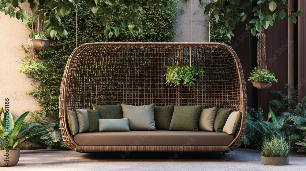 Fototapeta premium Cozy Outdoor Sofa with Green Cushions Surrounded by Plants