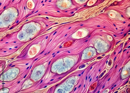 Microscopic View of Above-Knee Amputation: Fibro-Collagenous, Fatty Tissue, Muscle, Inflammatory Cells & Bone Cancer Resection Margin photo