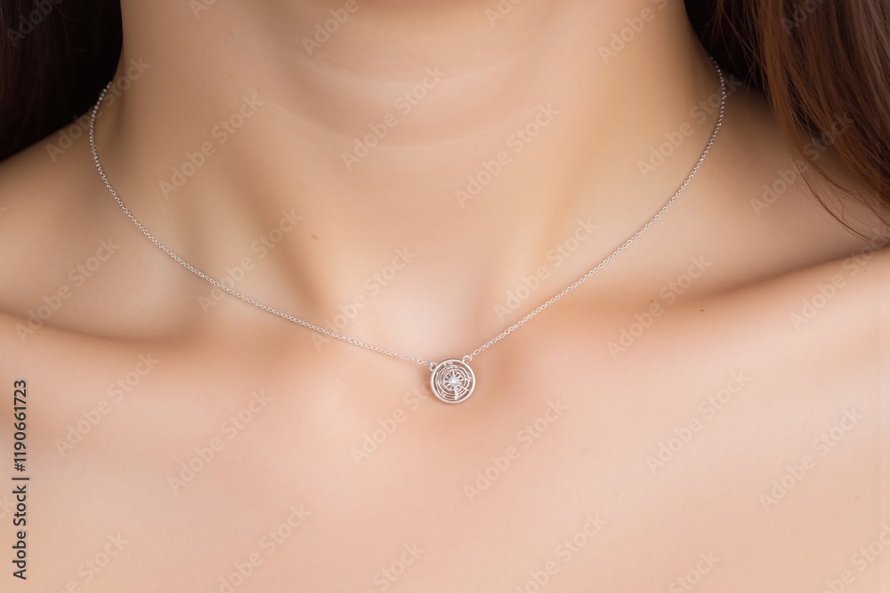 Woman's upper torso wearing delicate silver necklace with floral pendant Woman's upper torso wearing delicate silver necklace with floral pendant