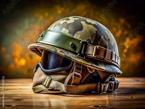 Military Helmet: Close-up View with Copy Space for Text or Logo photo