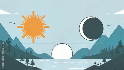 Sun and Moon Balance Over Mountain Landscape in Minimalist Style