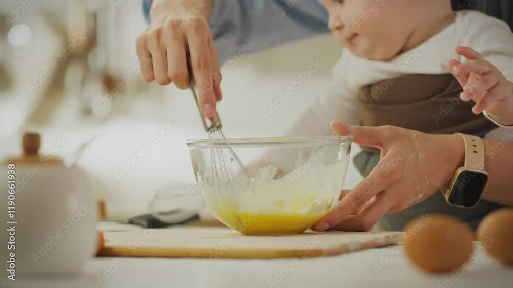 A toddler joyfully helps a parent whisk eggs in a clear bowl, showcasing learning and bonding in a cozy kitchen. The warm atmosphere highlights the joy of cooking together A toddler joyfully helps a parent whisk eggs in a clear bowl, showcasing learning and bonding in a cozy kitchen. The warm atmosphere highlights the joy of cooking together