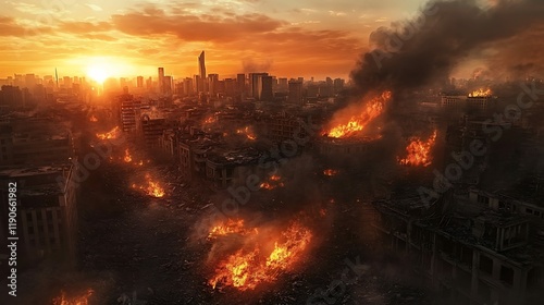 Destruction and chaos in wartorn urban landscape at sunset aerial view of fire and ruins photo