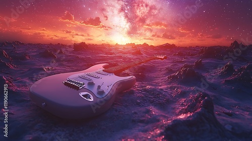 Electric guitar rests on alien landscape at sunset; cosmic background, album art.