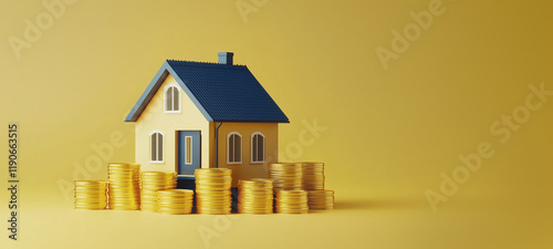 3D illustration of a house sitting on top of stacked gold coins. Symbolizing money, investment, and real estate