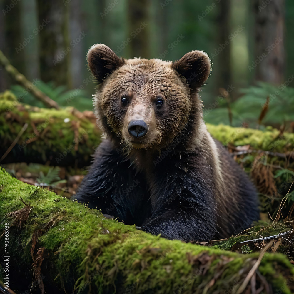Lonely brown bear cub resting on a mossy log in a lush green forest Lonely brown bear cub resting on a mossy log in a lush green forest