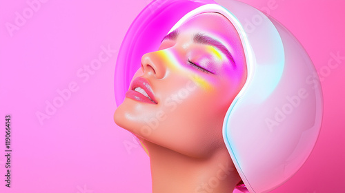 Woman with serene expression in vibrant pink background