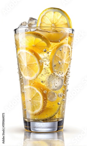 Vibrant Glass of Ice Lemon Cold Beverage with Dew and Refreshing Moisture – Summer Refreshment With Ice Cubes Isolated on a White Background