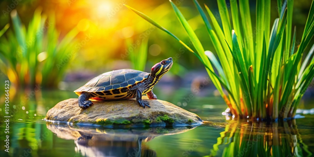 Fototapeta premium Miniature Lakeside Turtle: Charming Tilt-Shift Photo of a Turtle by the Lake
