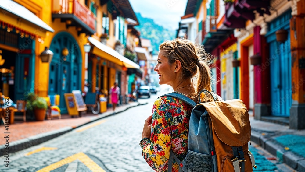 Obraz premium Exploring vibrant street, woman with backpack enjoys scenery