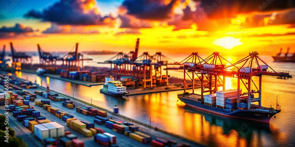Fototapeta premium Miniature Sunset Harbour: Cranes & Port Machinery at Golden Hour