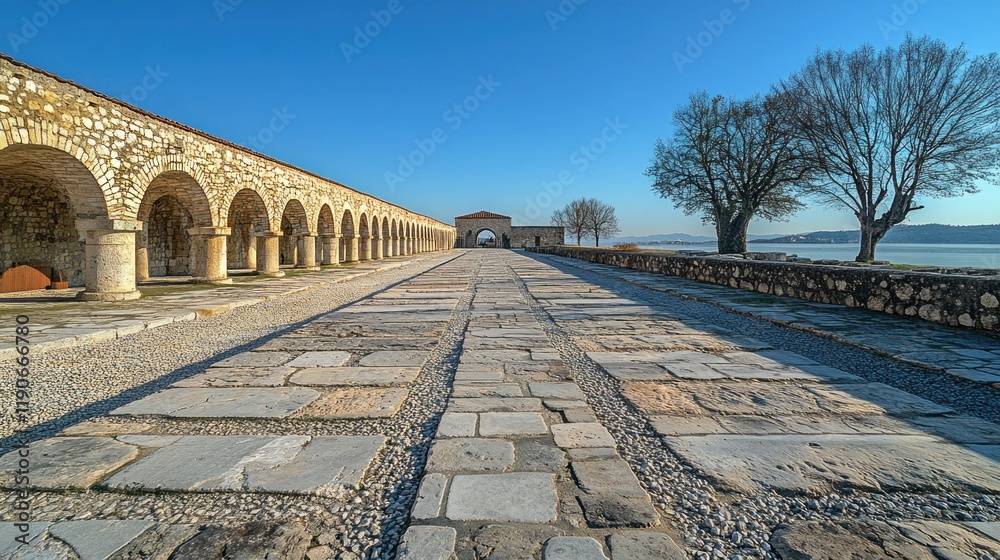 Obraz premium Historic Stone Pathway Leading to an Archway with Trees and Open Sky
