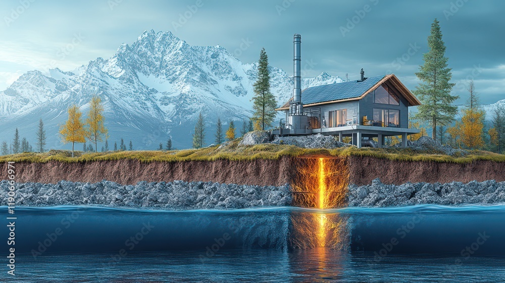 Fototapeta premium Modern House on a Cliffside with Geothermal Energy Source