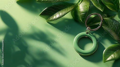 Green key ring with leaves, sunlight shadows, eco-friendly design, website banner. photo