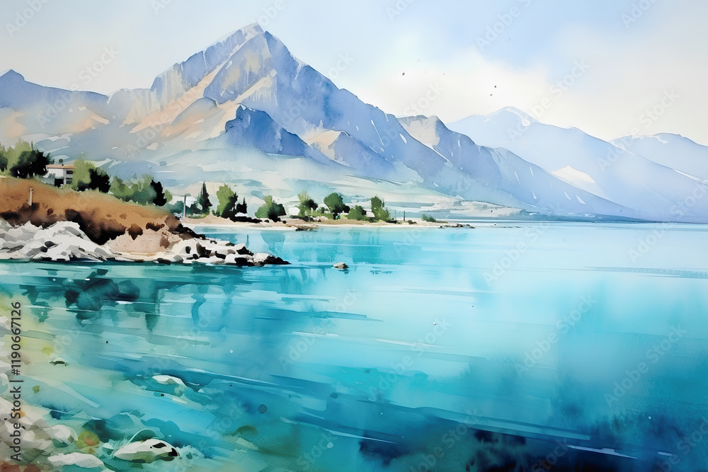 Naklejka premium Watercolor lake and mountains