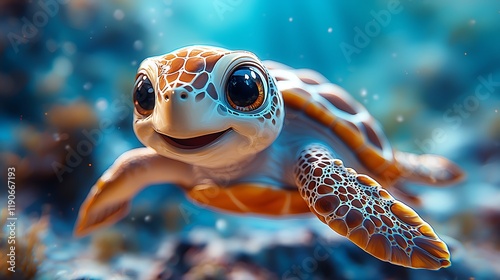 Happy baby sea turtle swimming in ocean coral. Ideal for children's book, greeting card.